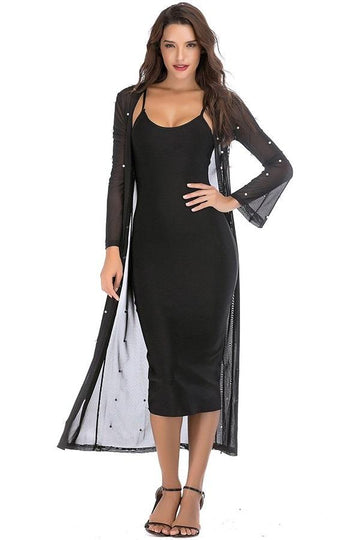 Two Piece Long Sleeve Kimono Mesh Mid Calf Dress