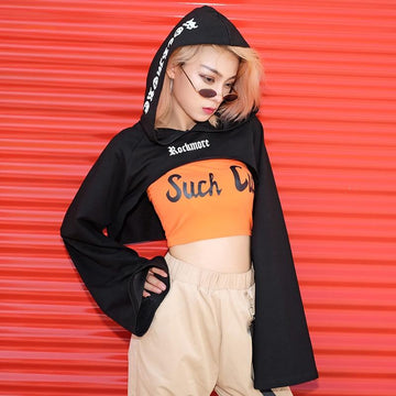Hip Street Wear Letter Print Irregular Crop Top Hoodie Sweatshirt Verkadi.com