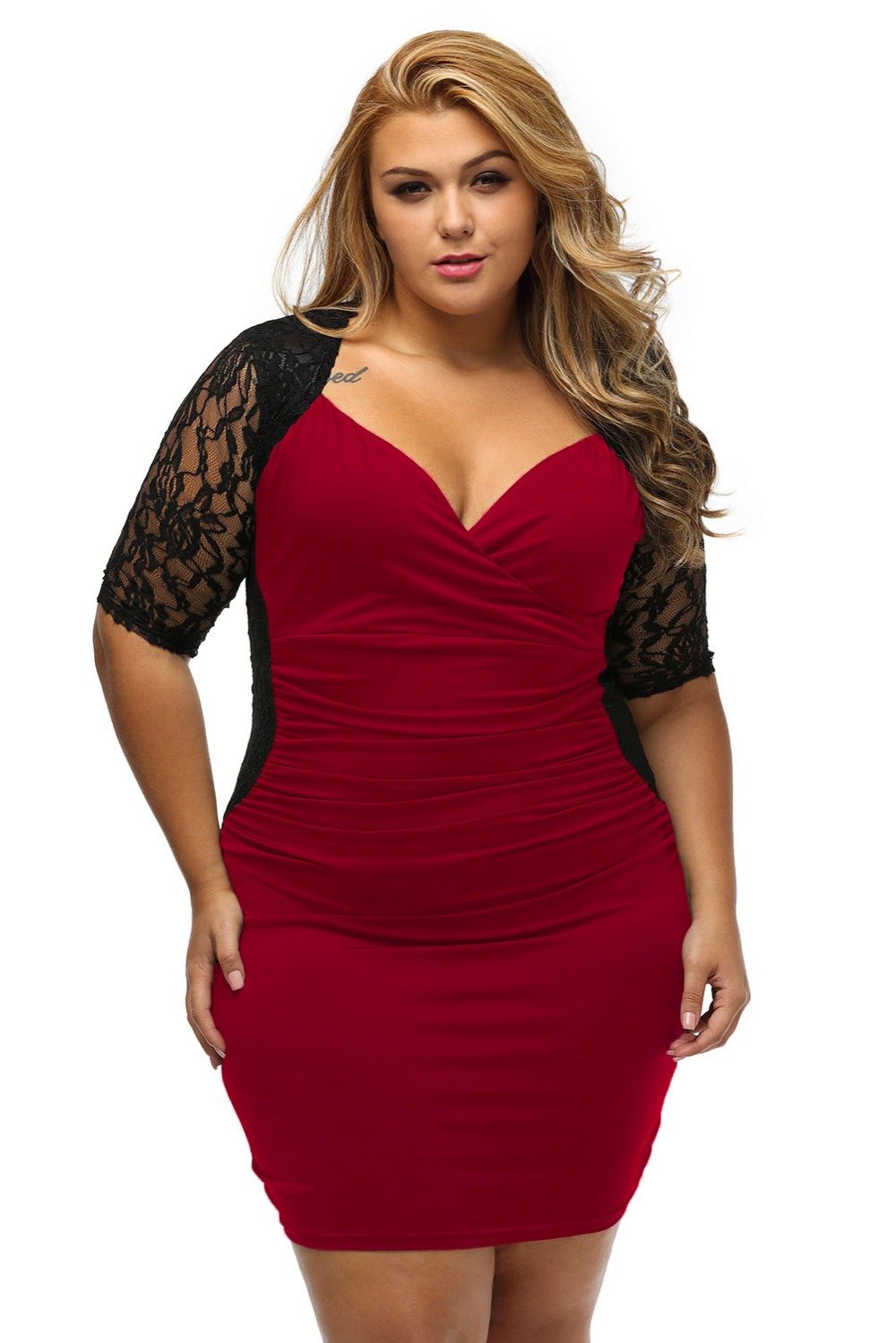 Sexy Ruched Lace Illusion Bodycon Party Plus Size Dress