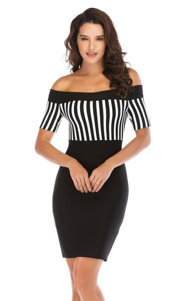 Off Shoulder Slim Striped Short Sleeve Sheath Mini Dress