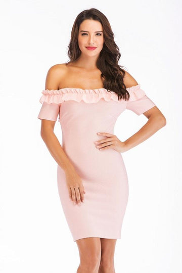 Off Shoulder Sheath Short Sleeve Ruffles Midi Dress