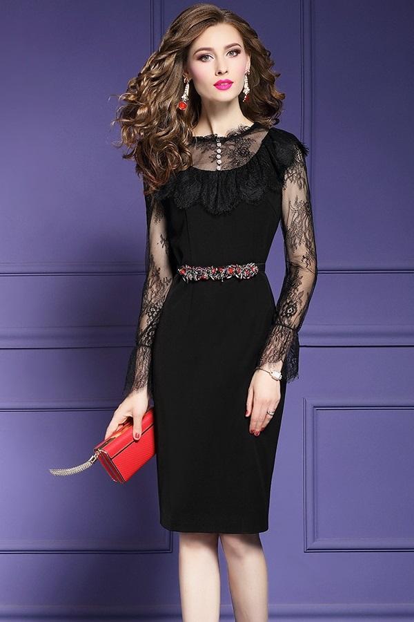 Vintage Lace Slim Pencil Formal Midi Dress