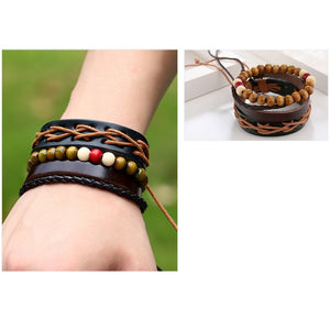 Leather Wood Beads Rope Wrap Multi-Layer Bracelet