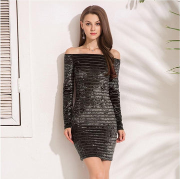 Velvet Mesh Patchwork Slash Neck Sexy Bodycon Dress Verkadi.com