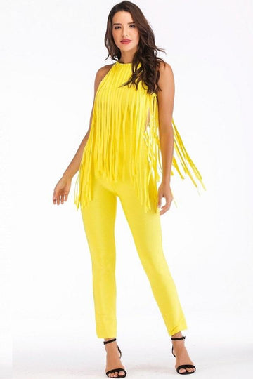 Yellow Tassel Bandage Sleeveless women Jumpsuits Dresses
