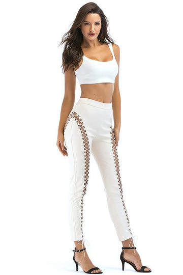 Crop Top & High Waist Lace Up PU Leather Pants Dress