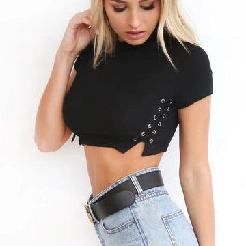 Fashion Lace Up Cotton Crop Short Sleeve Street Wear Top Verkadi.com