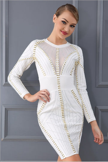 Chic Beading Bandage Long Sleeve Bodycon Party Mini Dress