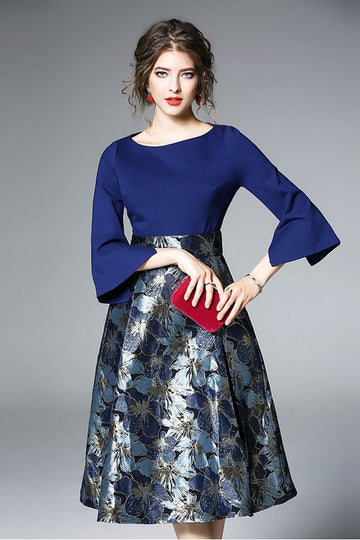 Euro Style Flare Sleeve O-Neck Slim Party Midi Dress
