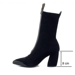 Leather Corduroy Pointed Toe Square High Heel Mid Calf Boots