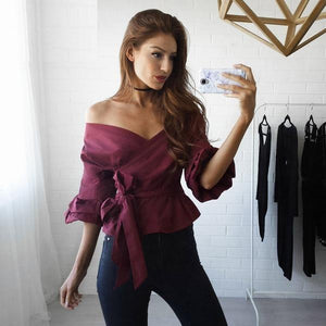 Sexy Off Shoulder Ruffled Bow Ruched Sleeves Blouses Top Verkadi.com