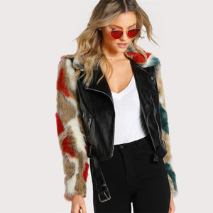 Multi Color Faux Fur Sleeve & Collar Leather Hip Jacket Verkadi.com