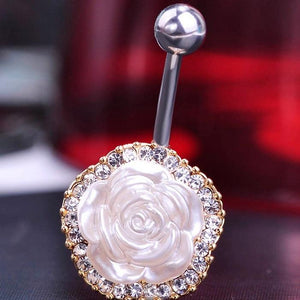 White Shell Rose Navel Piercing Belly Button Ring Verekadi.com