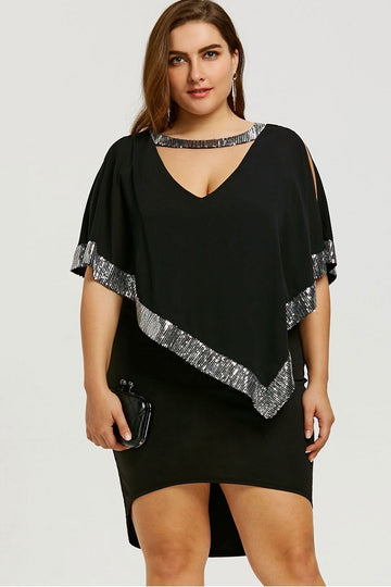 Sequined Choke V Neck Plus Size Split Sleeve Mini Dress