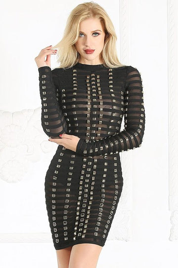 Bandage Long Sleeve Metal Ring Bodycon Mini Dress