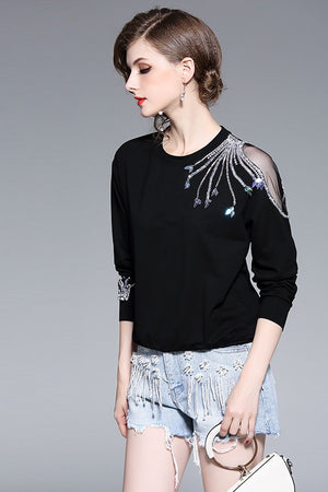 Hollow Out Mesh Beading Women Top Pullover