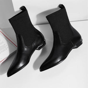 Stylish Leather Stretch Fabric Pointed Toe Martin Mid Calf Boots