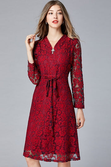 Hot Deep V-Neck Floral Lace A-Line Midi Dress
