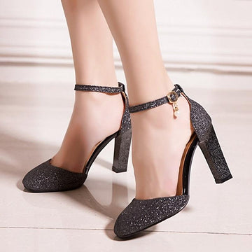 Sexy Glitter Ankle Strap Square High Heels Pumps Sandals Verkadi.com