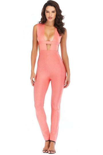 deep v neck sleeveless bandage women jumpsuit dresses