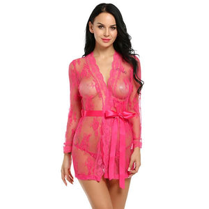 Sexy Robe Gown Lace Front Tie Flare Sleeve Lingerie Set Verkadi.com