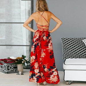 Red Floral Print Sexy Lace Up V Neck Maxi Backless Summer Dress Verkadi.com