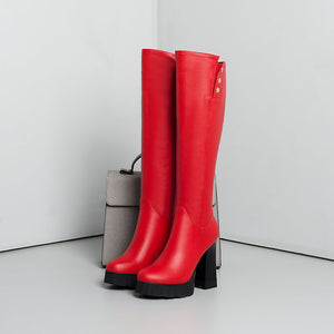 Genuine Leather Square High Heel Riveted Long Boots