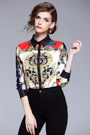 Print Vintage Long Sleeve Women Shirt Blouse Top