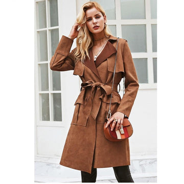 Smart Turn Down Collar Sash Suede Trench Coat Verkadi.com