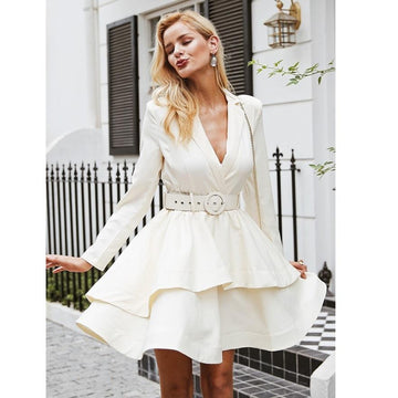 Elegant Ruffle Turn Down Collar Sash Pro Dress