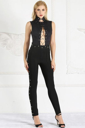 Lace Up Bandage Bodysuit And Pants Bodycon Dress