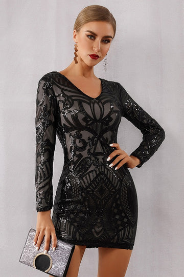 Long Sleeve Sequin Deep V Neck Party Mini Dress