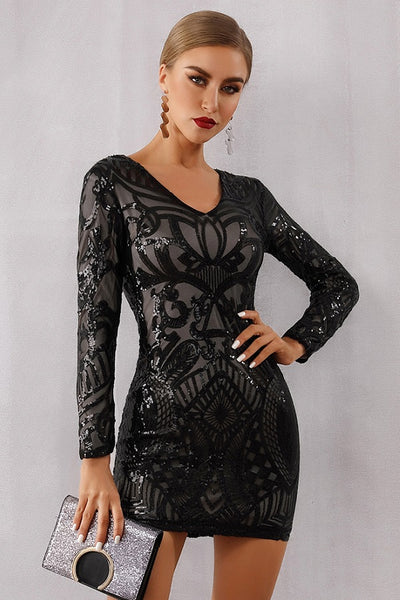 Sequin V-Neck Long Sleeve Mini Dress