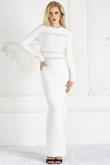 Elegant White Long Sleeve Open Slit Patchwork Mesh Long Dress