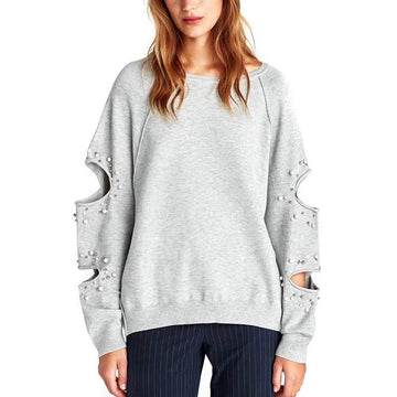 Gray Pearl Embellished Ripped Long Sleeve Sweatshirt Verkadi.com