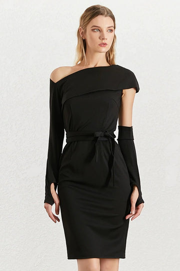 Slash Neck Long Sleeve Hollow Out Lace Up Slim Evening Party Dress