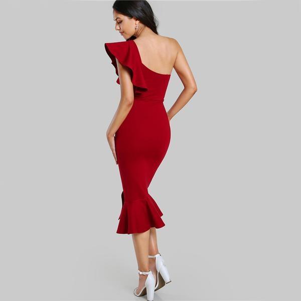 Elegant One Shoulder Ruffles Slash Neck Pencil Dress Verkadi.com