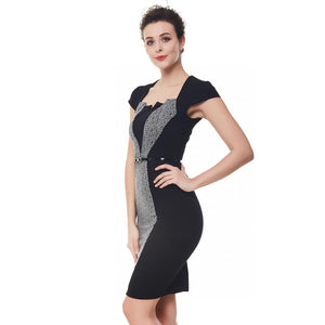 New Twin Color Block Belted Pencil Office Dress