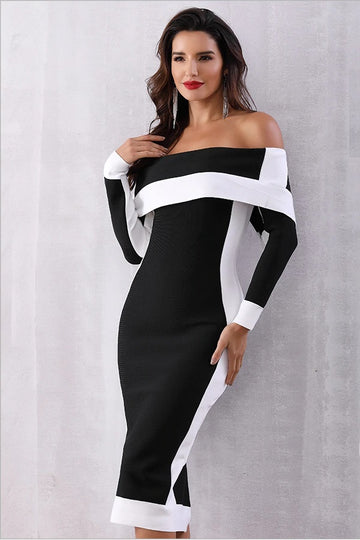 New Long Sleeve Off Shoulder Twin Color Midi Dress