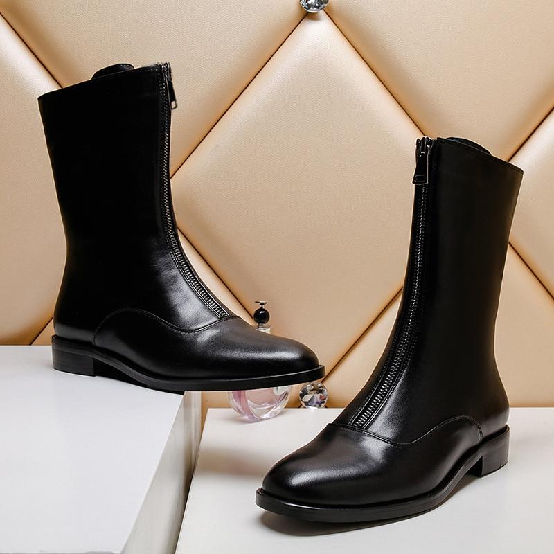 Top Quality Genuine Leather Square Heel Mid Calf Boots