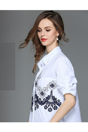 Cotton Loose Turn-Down Collar Long Blouse Shirt Top