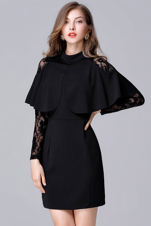 Lace Patchwork Cloak Sleeves Cape Design Mini Dress