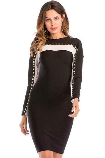 Long Sleeve Bodycon Rivets Patchwork Mesh Mini Dress