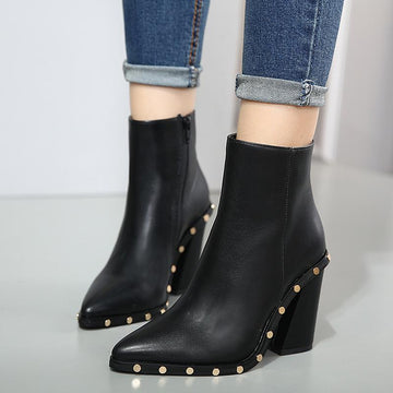 Hot Pointed Toe PU Leather Chunky Heels Ankle Boots verkadi.com