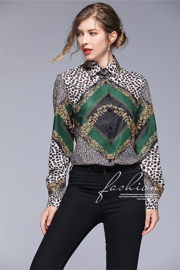 Printed Vintage Long Sleeve Women Shirt Blouse Top