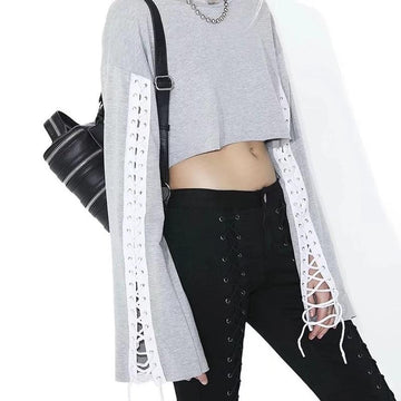 Lace-up Flare Sleeve Crop Top Street Wear Hoodie Sweatshirt