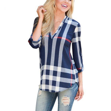 Plaid Printed  V Neck Long Sleeve Chiffon Shirt Top Verkadi.com
