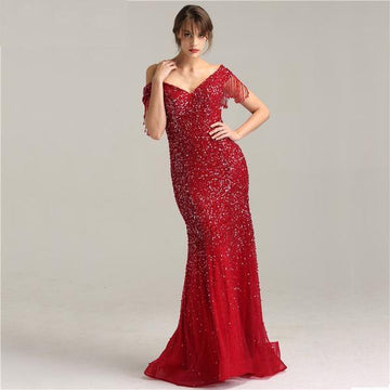 Burgundy Off Shoulder Tassel Mermaid Event Evening Party Dress