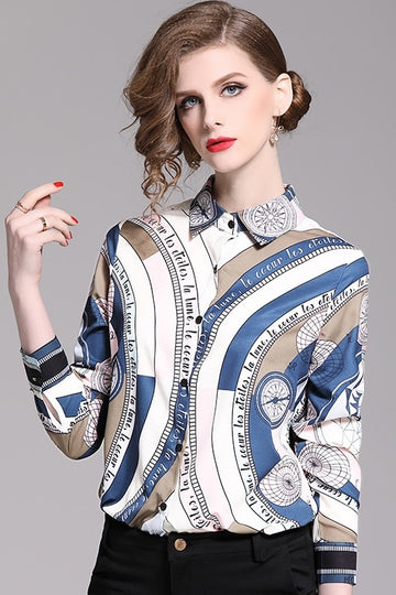 Poplin Printed Long Sleeve Women's Shirt Blouse Top