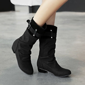 Cross Belt Button Sleeve Low-Heeled Mid-Calf Boots